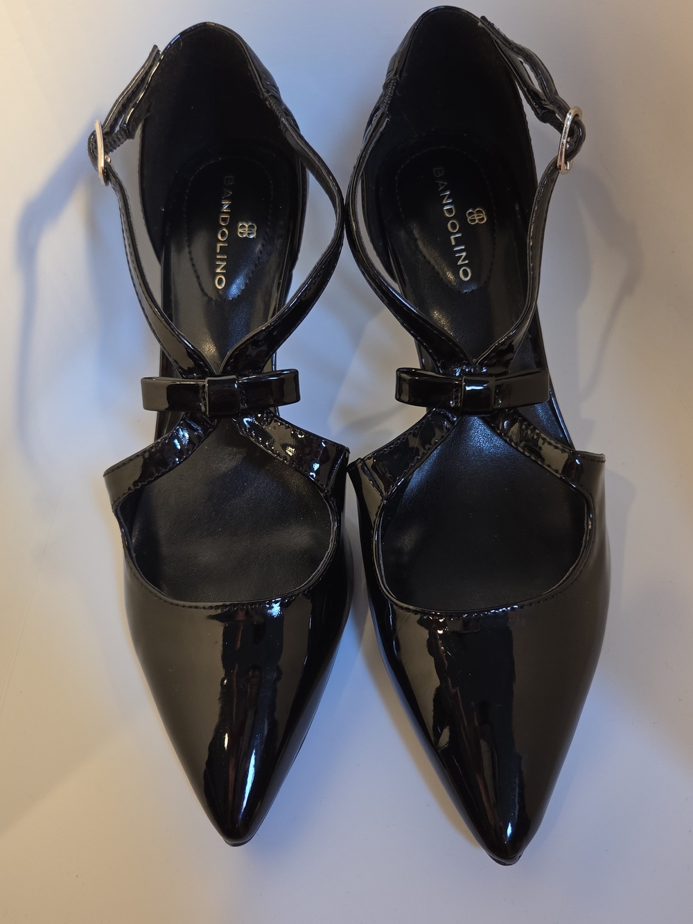 Bandolino Size 6.5  Bow Black Patent Pointed-Toe Ankle-Strap Kitten Heels-